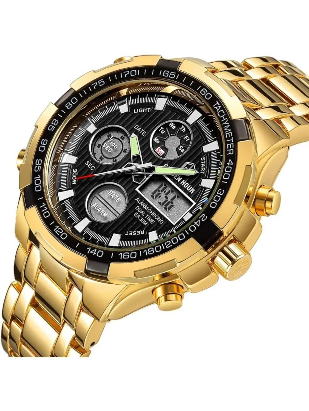 Men's Gold Black Stainless Steel Analog Digital Outdoor Waterproof Luxury Watch